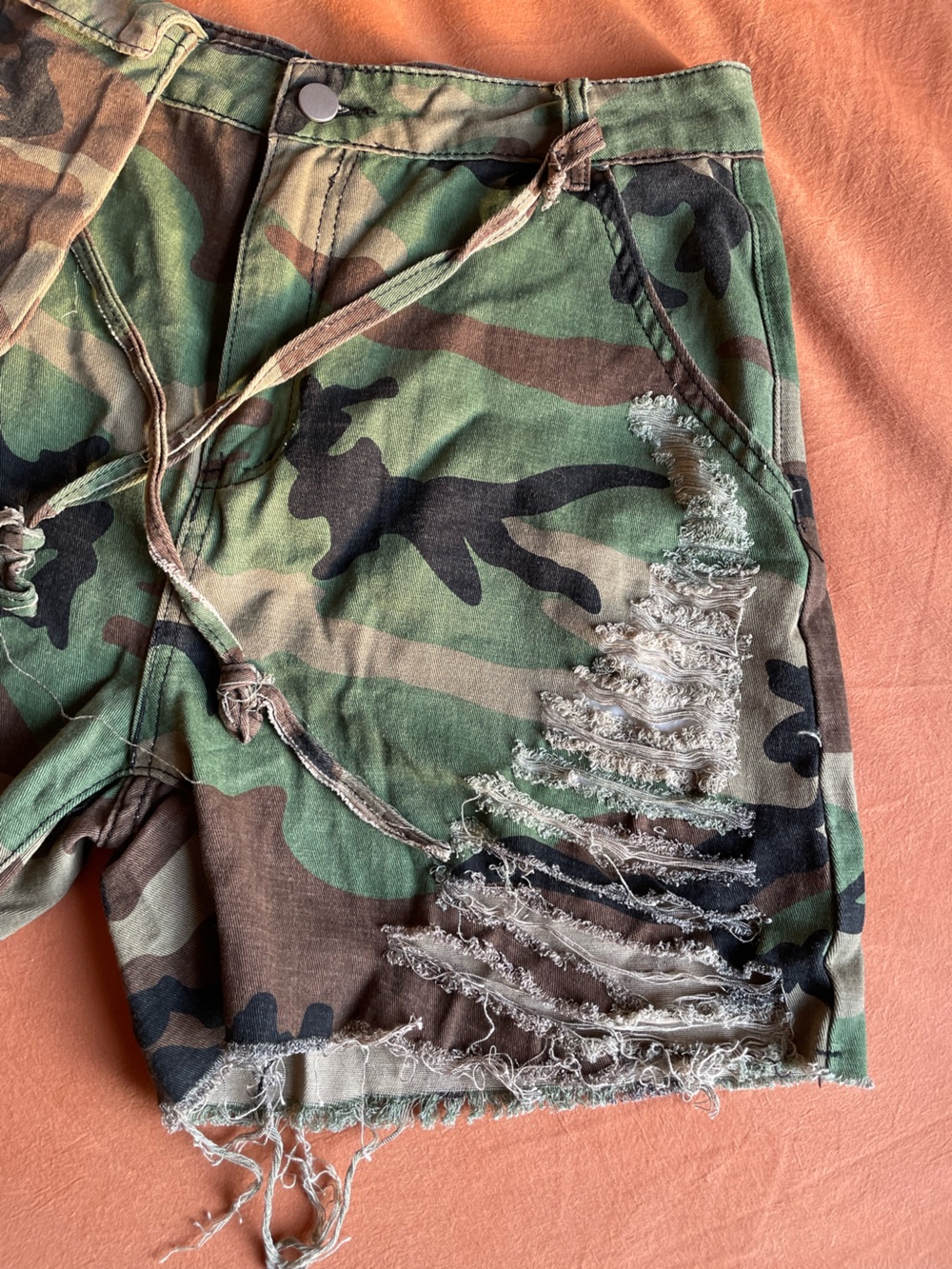 MICAS Green Camo Distressed Jean Shorts - Picture 3 of 5